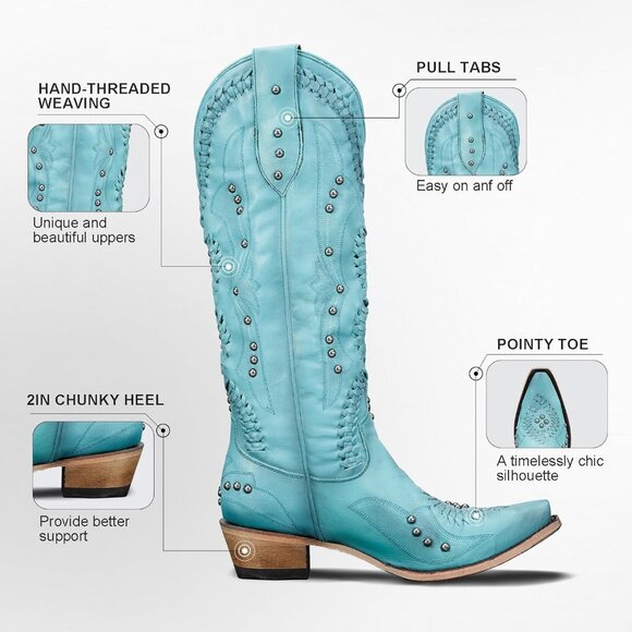 Women's Blue Knee High Western Cowgirl Boots Pointed Toe Chunky Heel Pull on - Picture 5 of 6